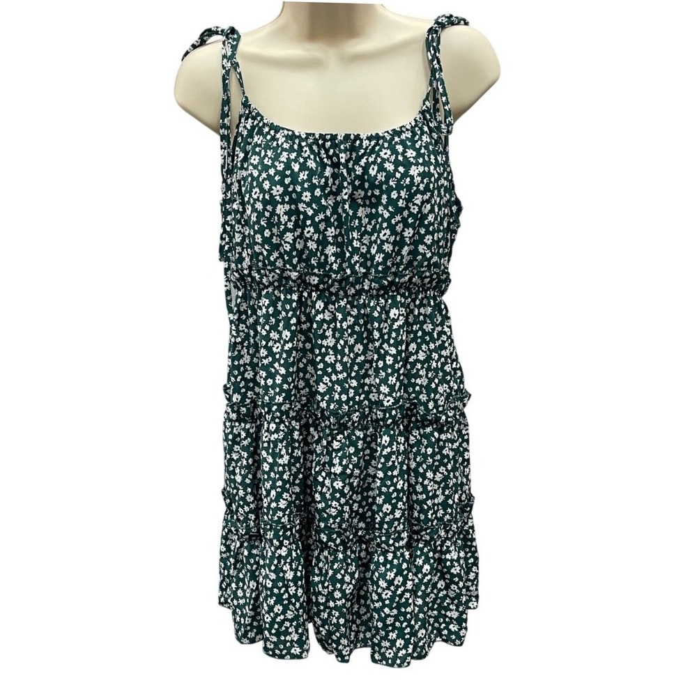 SHEIN Dark Green Floral Tiered Mini Dress Smocked Waist Tie Strap Size M US 6